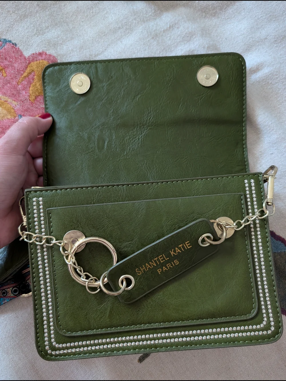 Olive Green Crossbody Shoulder Bag with Decorative Strap And Gold Chain Detail